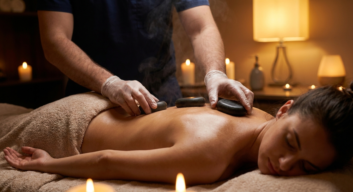 Hot Stone Massage – Männerhände legen warme Steine auf den Rücken in der Massagepraxis Winterthur