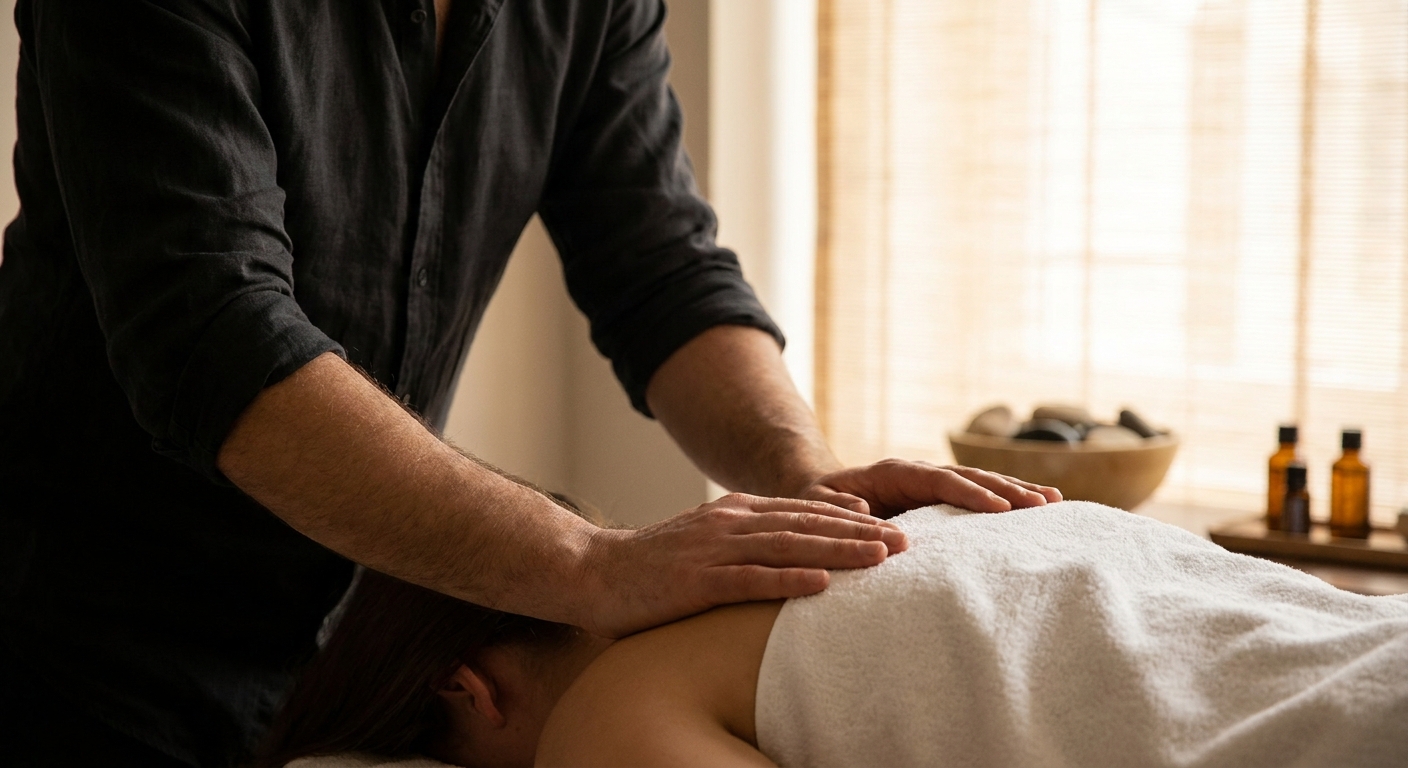 Energetische Massage – Männerhände an den Schultern in der Massagepraxis Winterthur