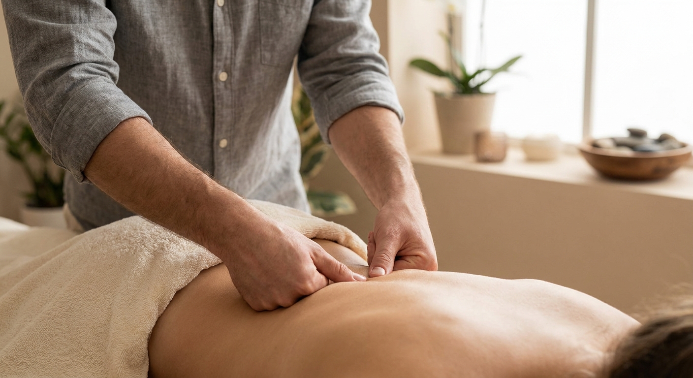Triggerpunkt-Massage – Männerhände mit gezieltem Druck am oberen Rücken in der Massagepraxis Winterthur