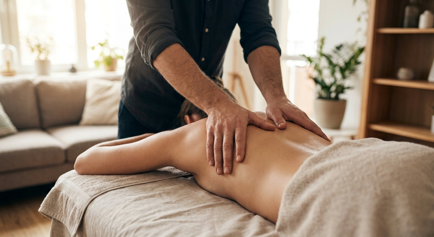 Männerhände bei einer mobilen Massage am Oberkörper zuhause in Winterthur